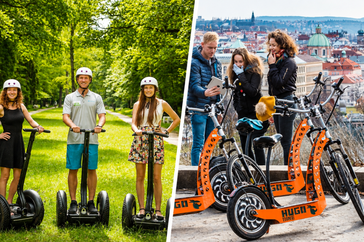 Split image: left, three people on Segways in a park; right, four people with orange scooters in a city.