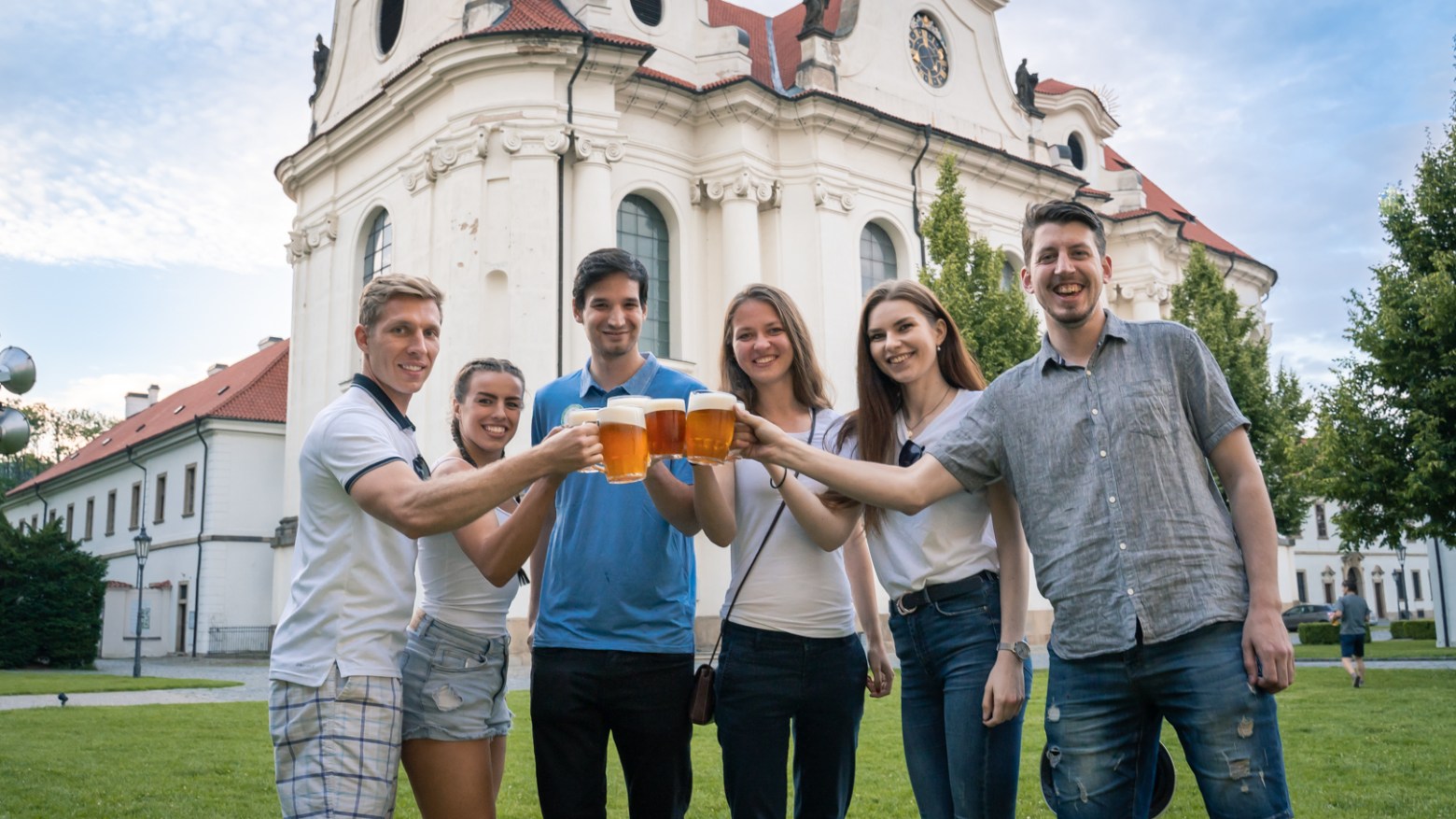 a group of people standing in front of a building