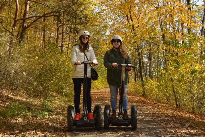 a person standing next to a forest