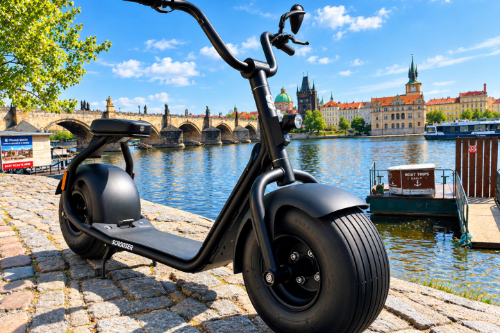 Black electric scooter parked by a river with bridge and historic buildings in the background.