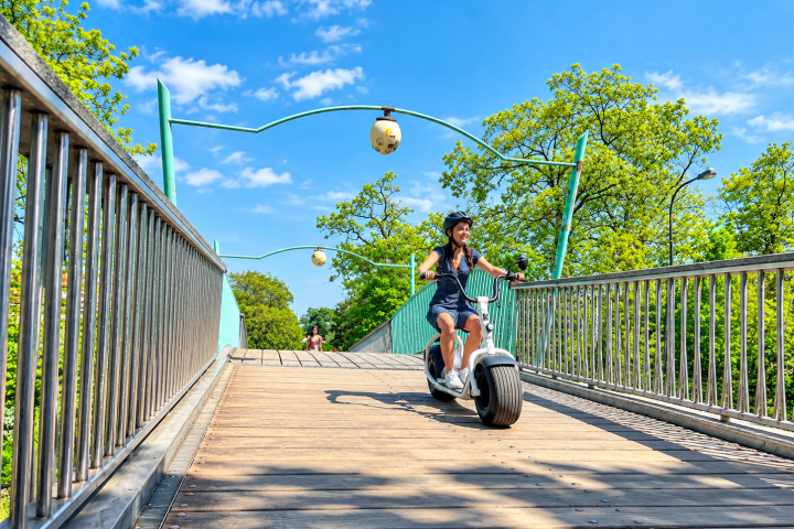 Person riding a scooter on a bridge with greenery and a blue sky.