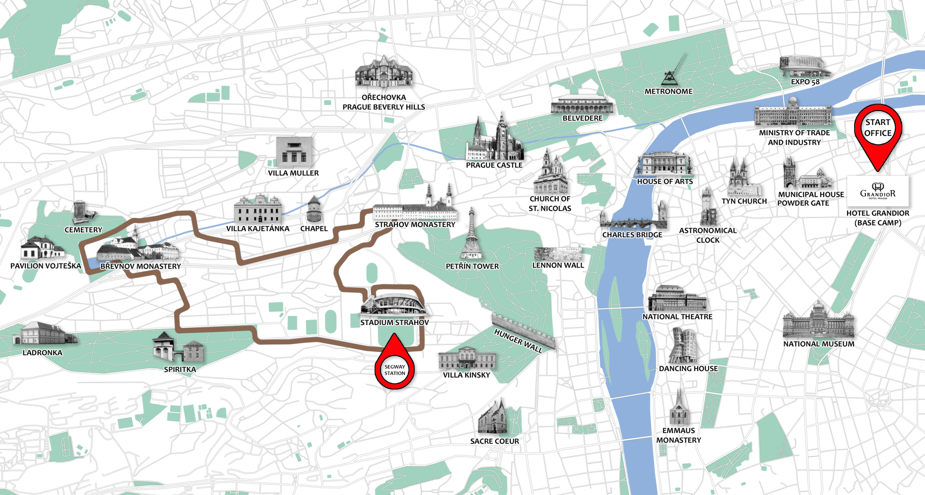 Map of Prague highlights with landmarks and route marked with red points for start office and Scoravi station.