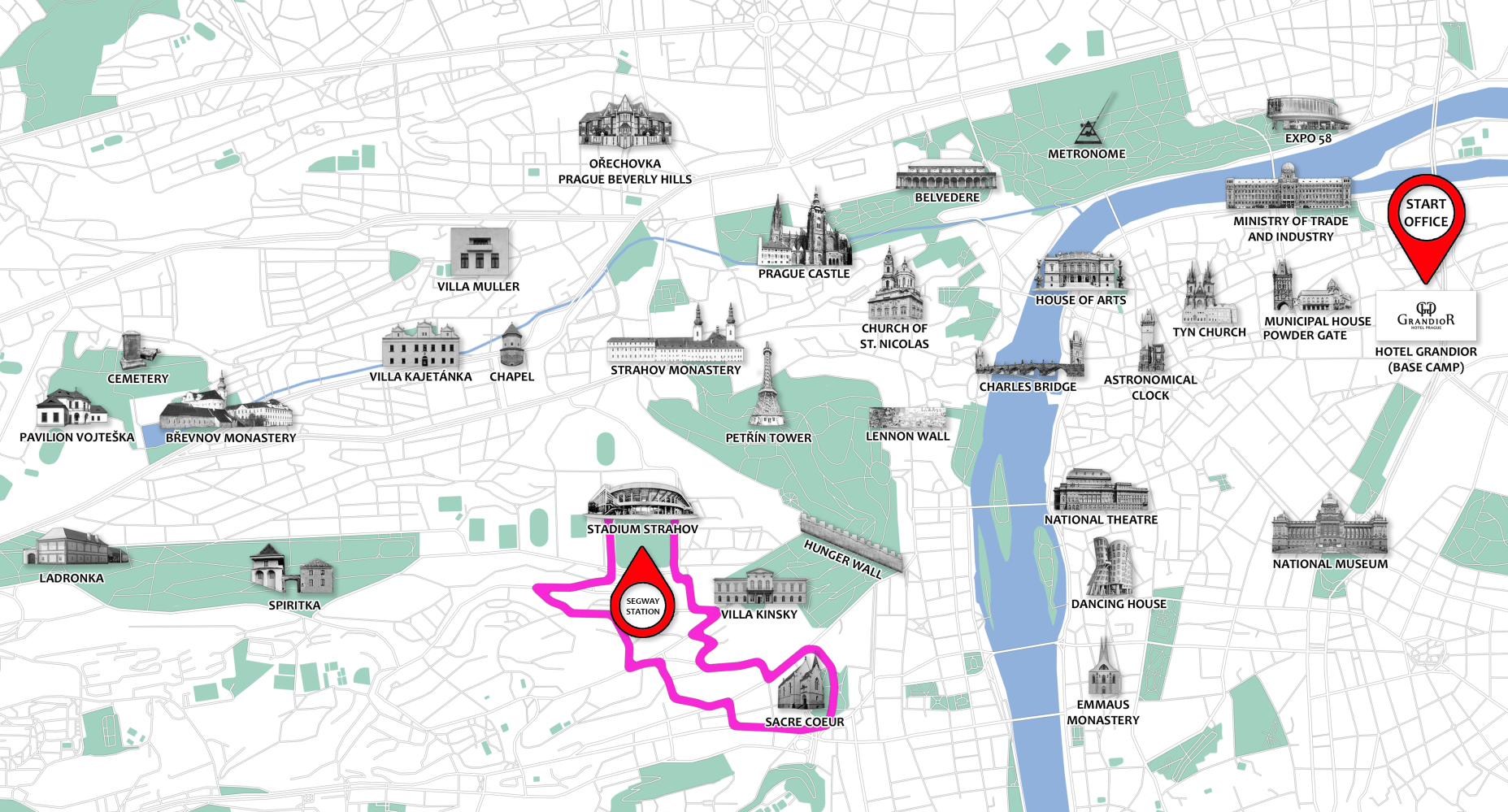 Map of Prague with landmarks and a highlighted pink route from 'Start Office' to 'Stadium Strahov'.