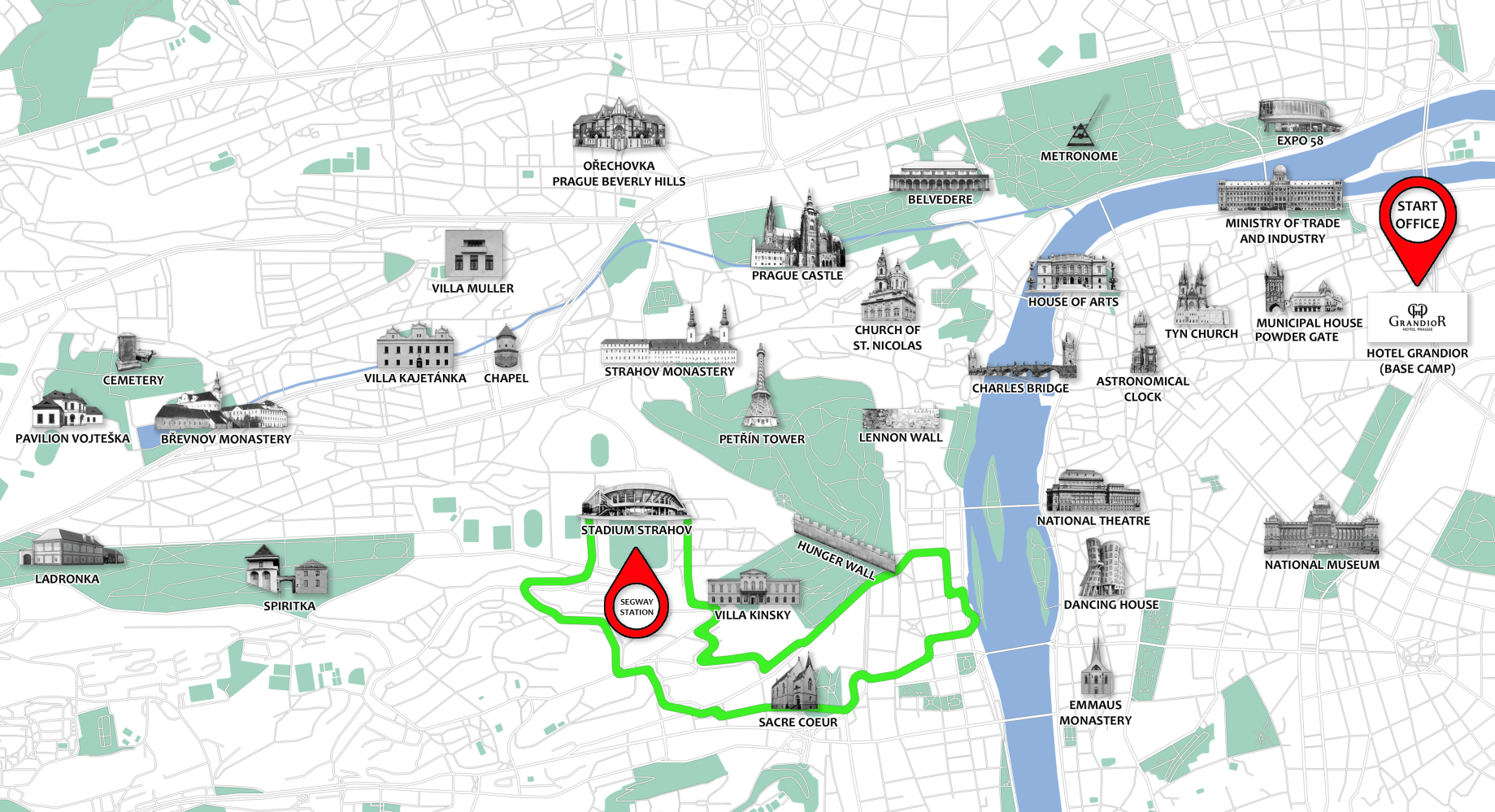 Illustrated map of Prague highlighting landmarks and a marked route.