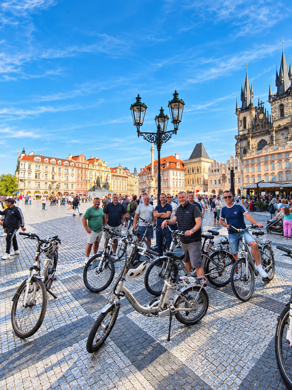 Group of cyclists in a European town square with historic buildings.